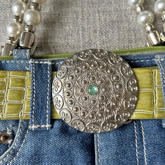 Fun Cute Denim purse with green belt and pearl handle - Picture 4 of 9